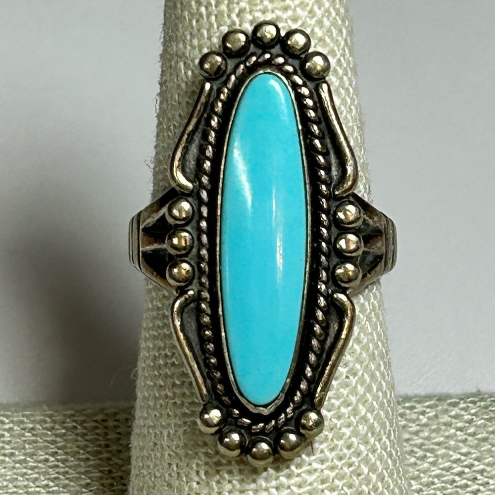 Native Signed Sleeping Beauty Turquoise Sterling Silver Fred Harvey Era Ring Vtg